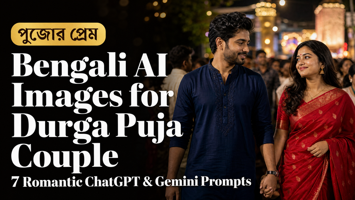 Bengali couple in a Kolkata pandal gali at night with fairy lights, Bengali AI images for Durga Puja couple
