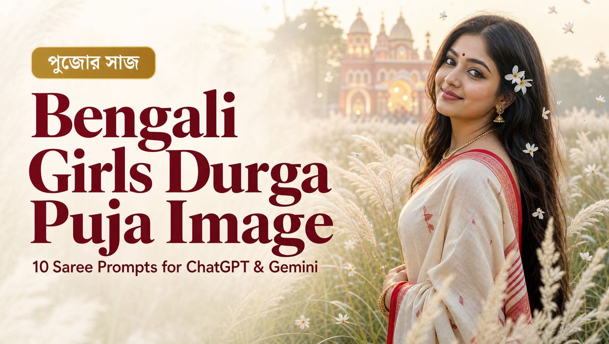 Young Bengali girl in cream tant saree with red border before the Maa Durga idol, Bengali girls Durga Puja image prompt