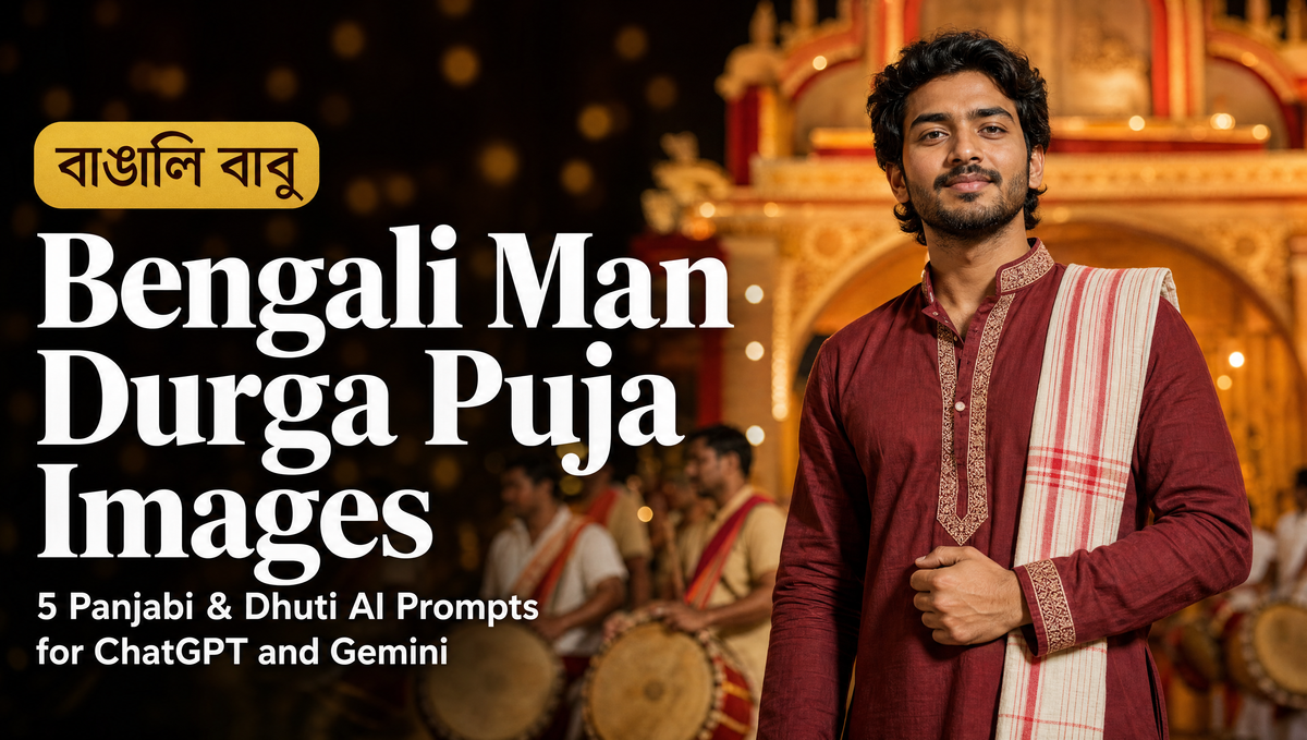 Bengali man in a maroon panjabi at a grand Durga Puja pandal gate, Bengali man Durga Puja images AI prompt