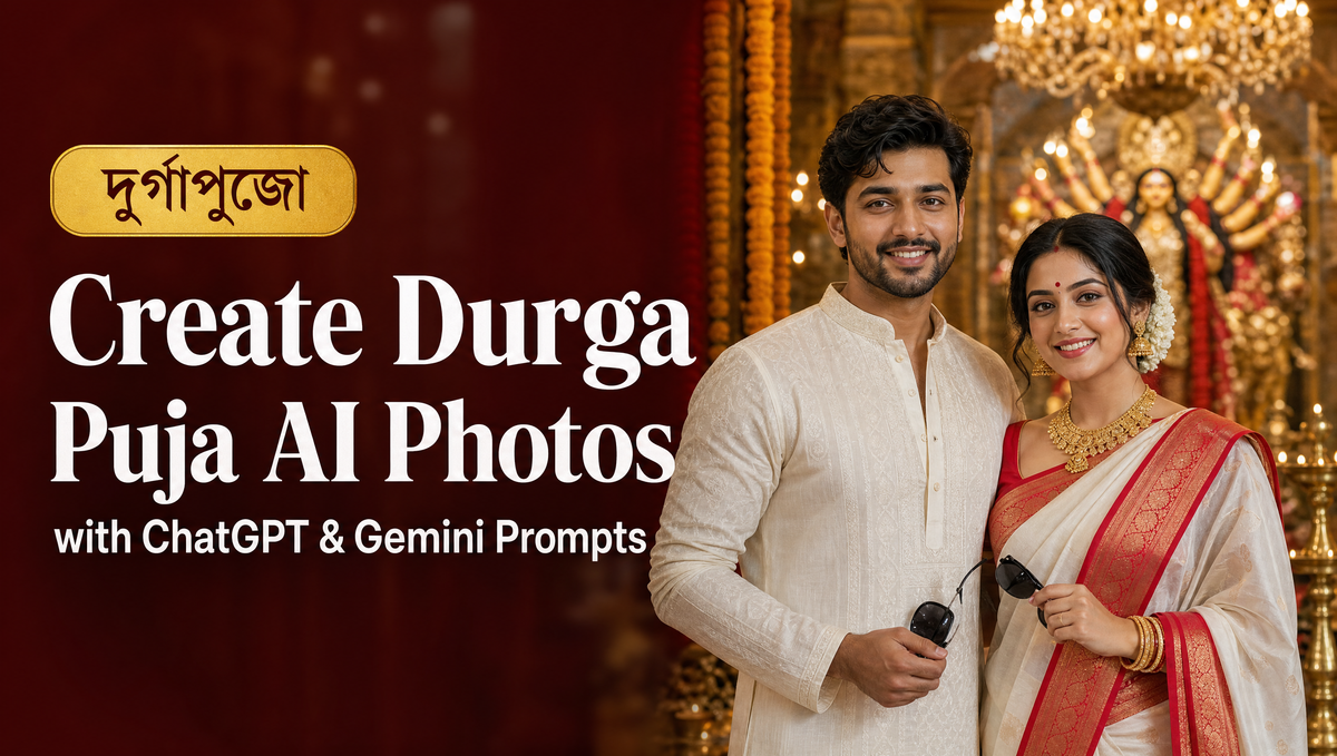 Bengali woman in red-white saree with sunglasses at a Kolkata Durga Puja pandal, Durga Puja AI photos with ChatGPT and Gemini prompts