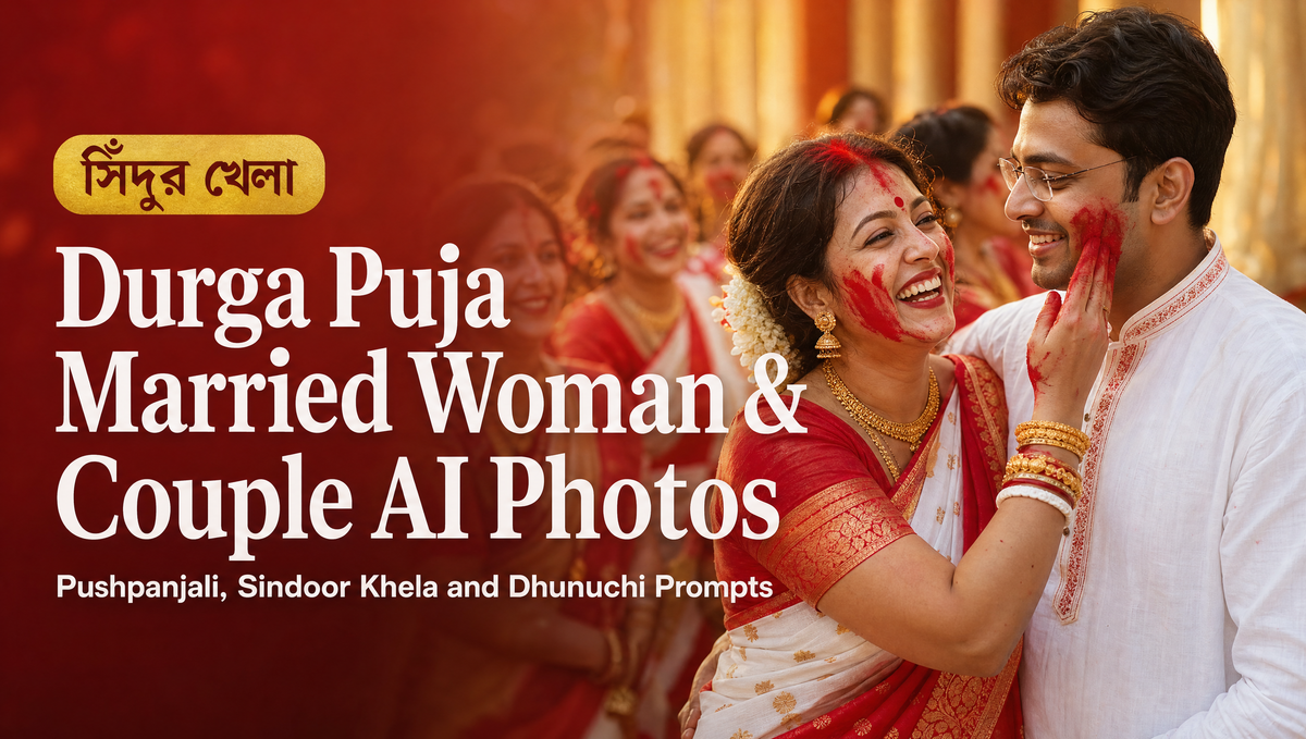 Bengali married woman laughing during Sindoor Khela with sindoor on her cheeks, Durga Puja married woman and couple AI photos