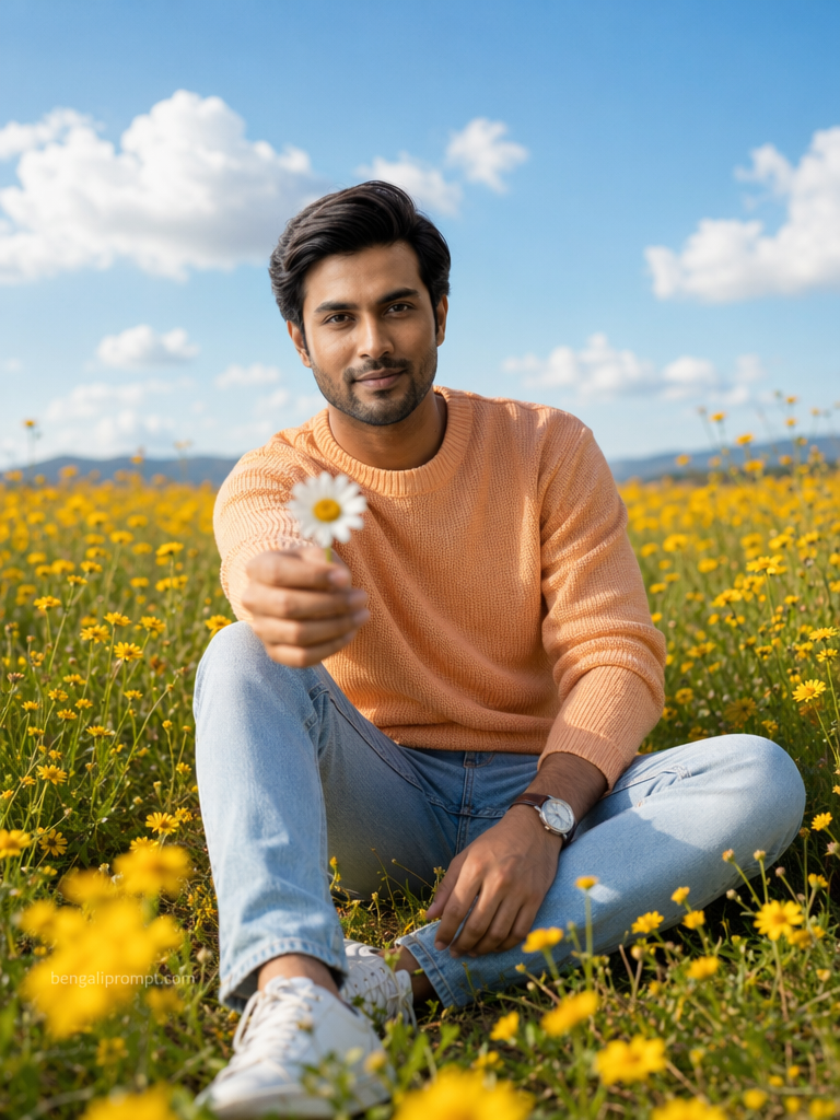 Cute Boy with Flower – man sitting in a vast field of