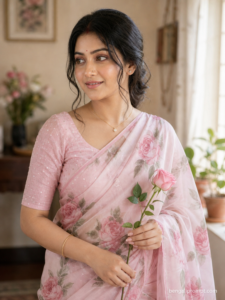 Saree look for women – beautiful Indian woman with dark wavy hair 2