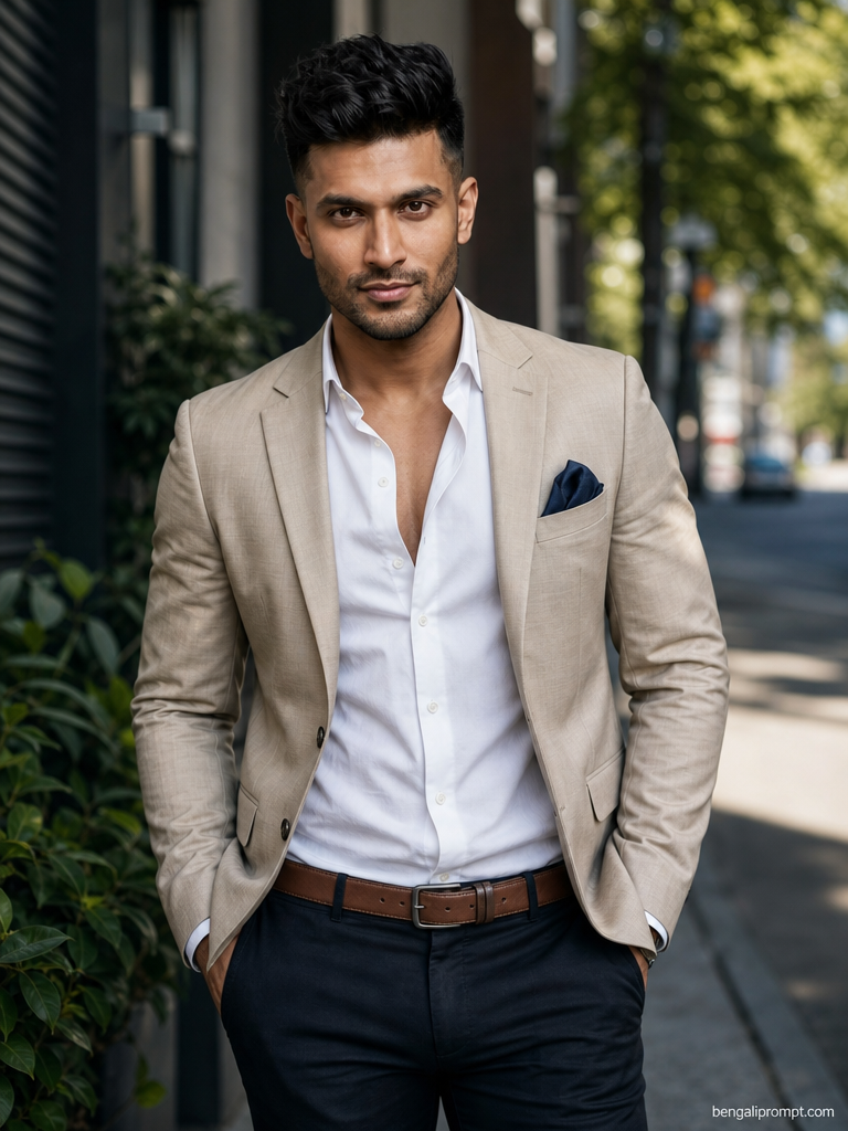 Boy in Suit – man standing outdoors with a softly blurred
