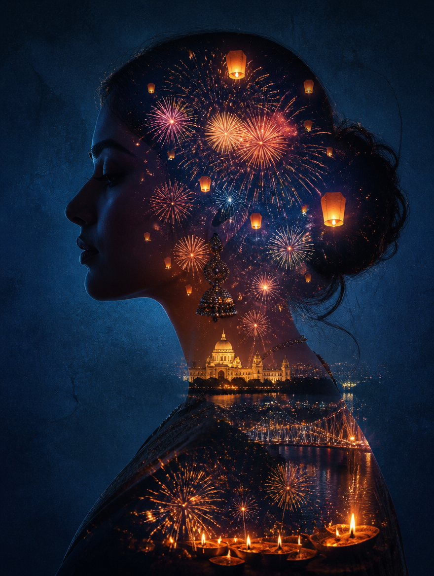 Bengali Girl Diwali Double Exposure Fireworks – Bengali AI photo made with Gemini and ChatGPT prompt