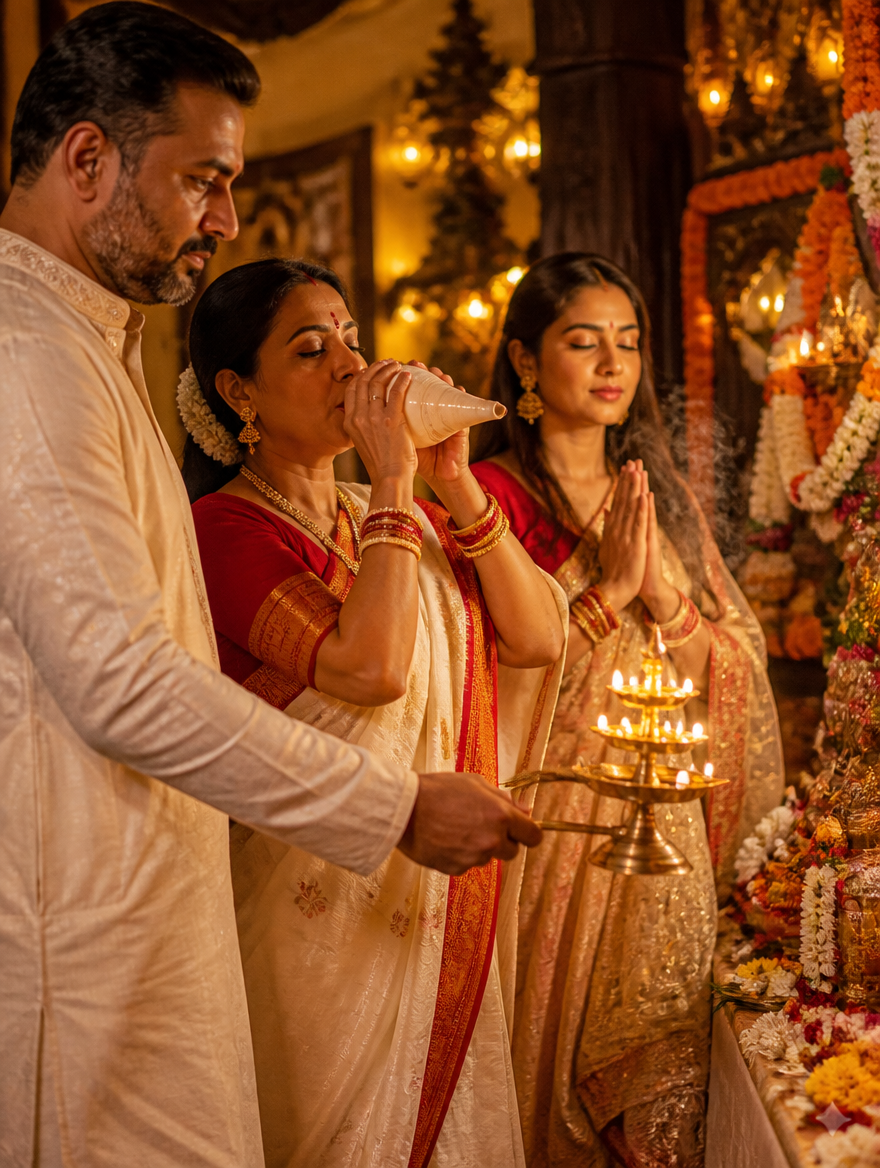 Bengali Family Diwali Puja Room Shankha – Bengali AI photo made with Gemini and ChatGPT prompt
