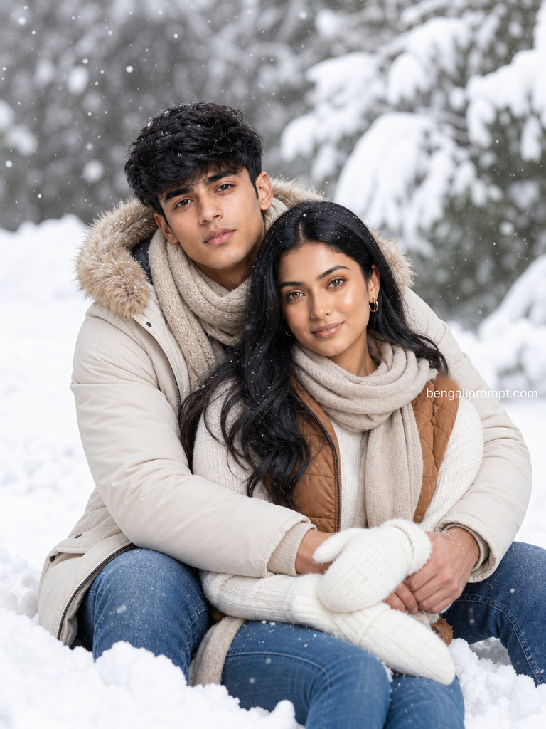 Couple Photo in Snow Mountain – young couple sitting together in deep snow