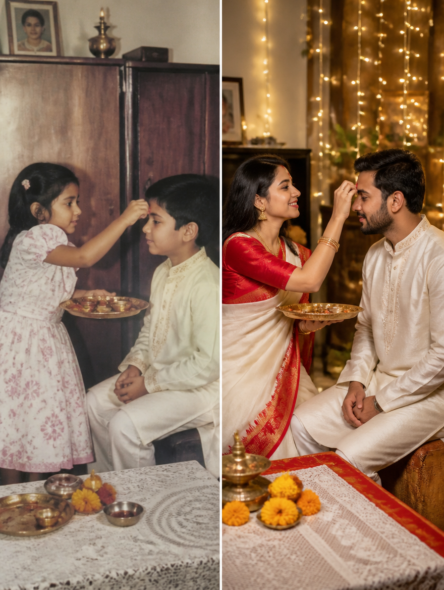 Bhai Phonta Then and Now Split Frame – Bengali AI photo made with Gemini and ChatGPT prompt