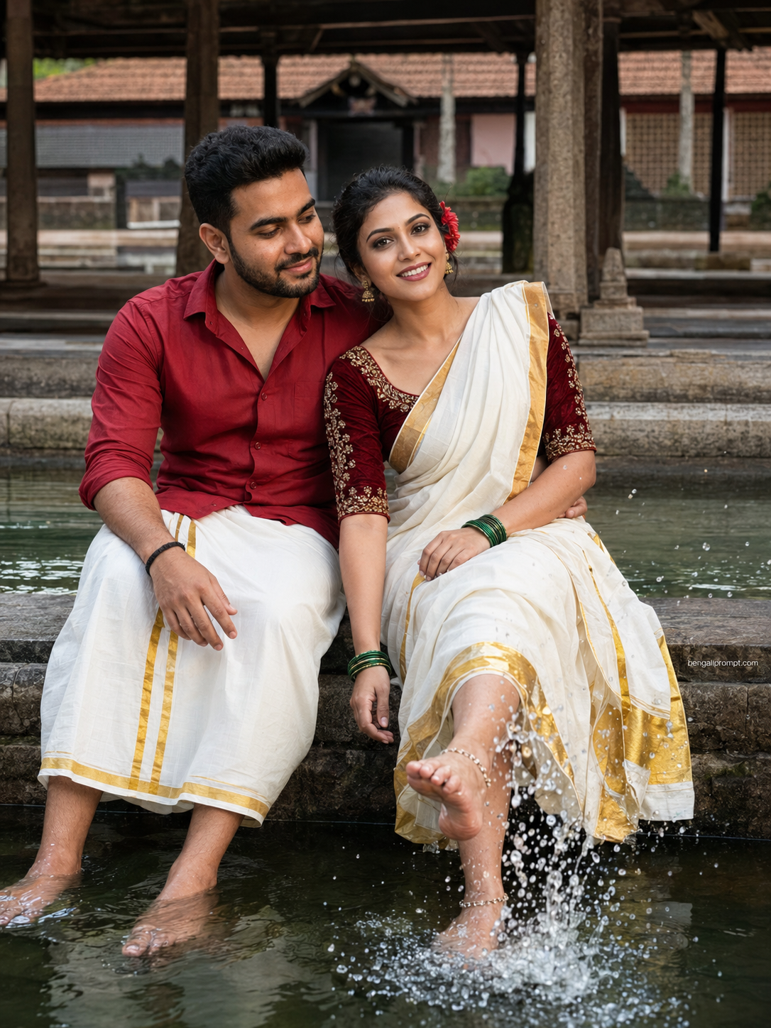 Traditional Dress Couple Prompt – young South Indian couple sitting side by