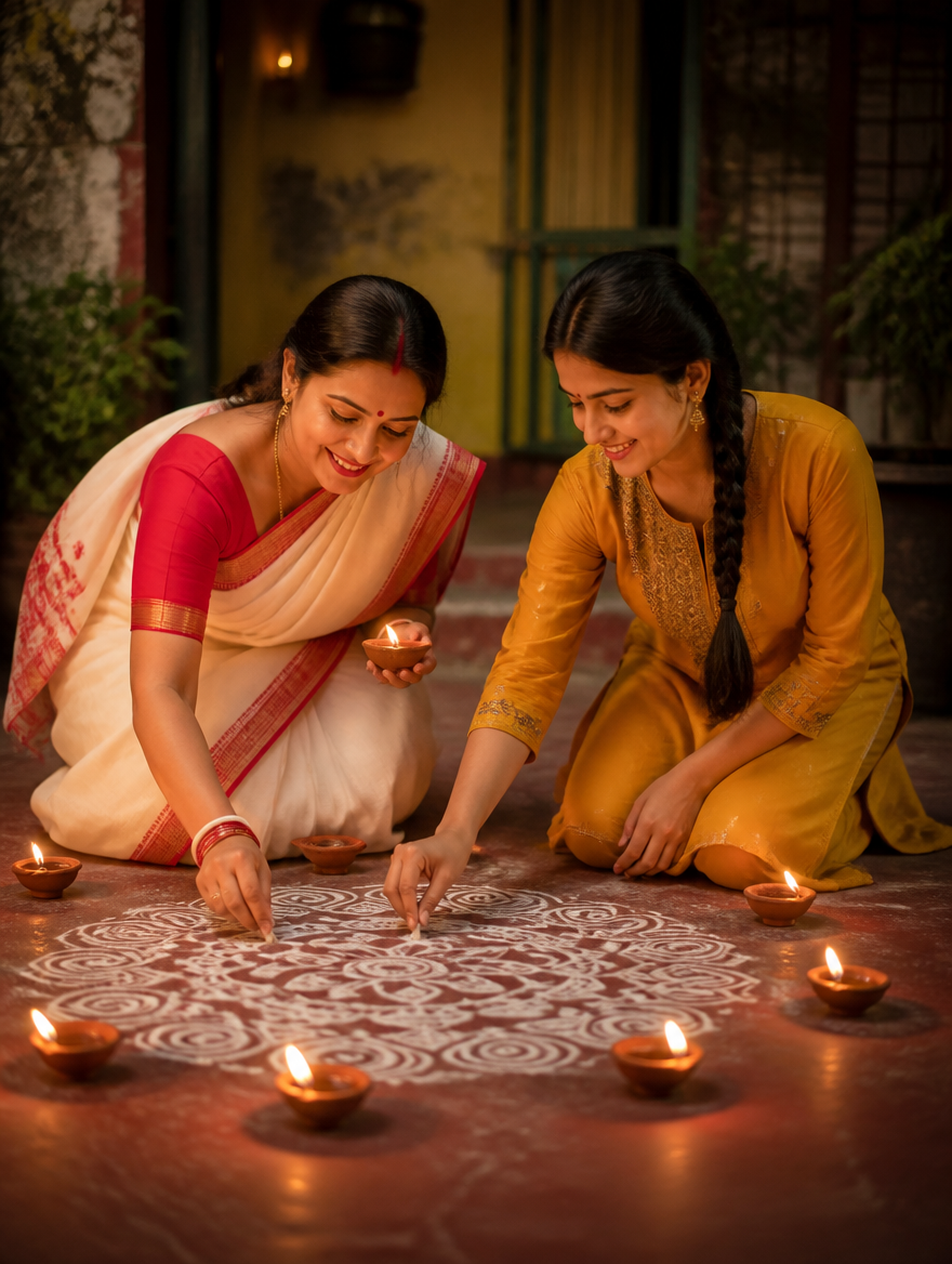 Bengali Mother Daughter Diwali Alpana – Bengali AI photo made with Gemini and ChatGPT prompt