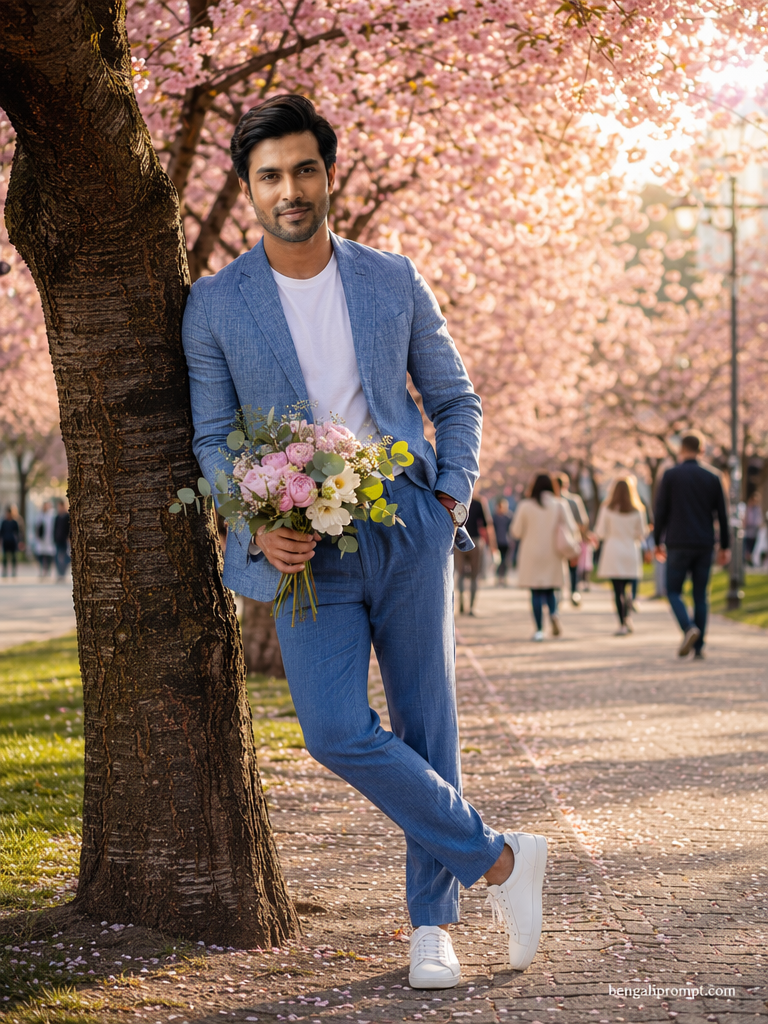 Cute Boy with Flower – man standing on an oceanfront balcony with
