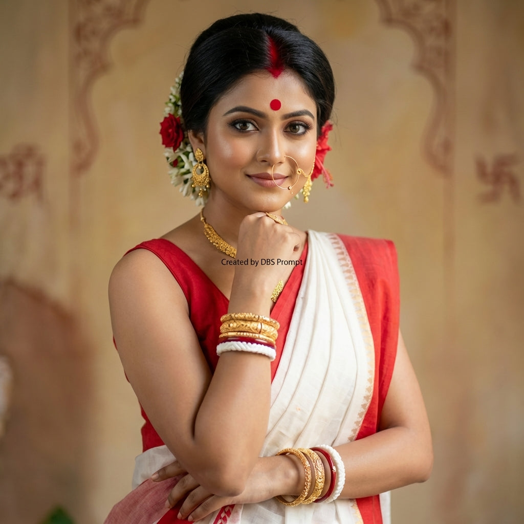 Bengali Bride White Red Saree Gemini Prompt 2026