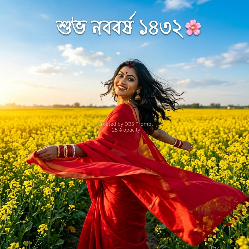 Bengali Girl Red Saree Mustard Field Gemini Prompt 2026