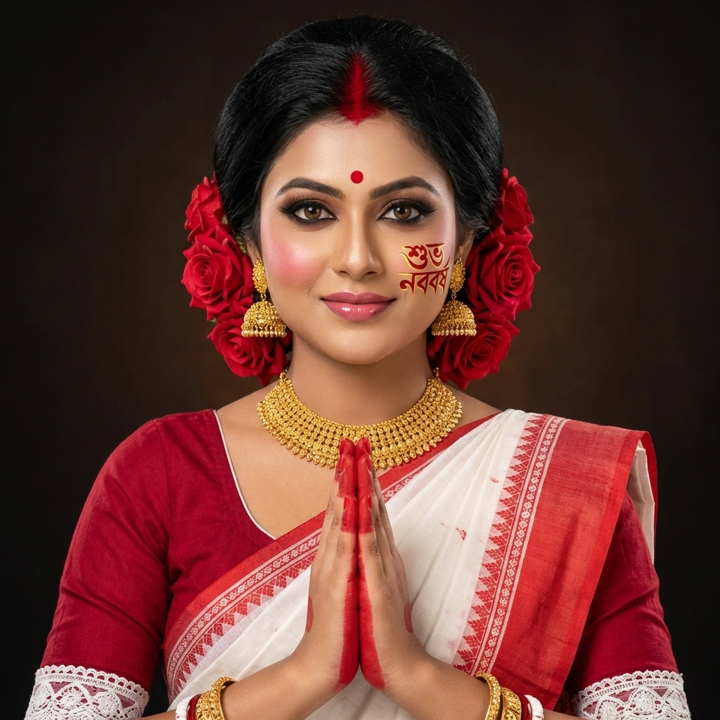 Bengali Woman Red Saree Gemini Prompt 2026 — Poila Baisakh