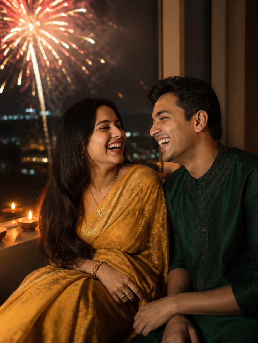 Bengali Couple Diwali Candid Laugh Fireworks – Bengali AI photo made with Gemini and ChatGPT prompt