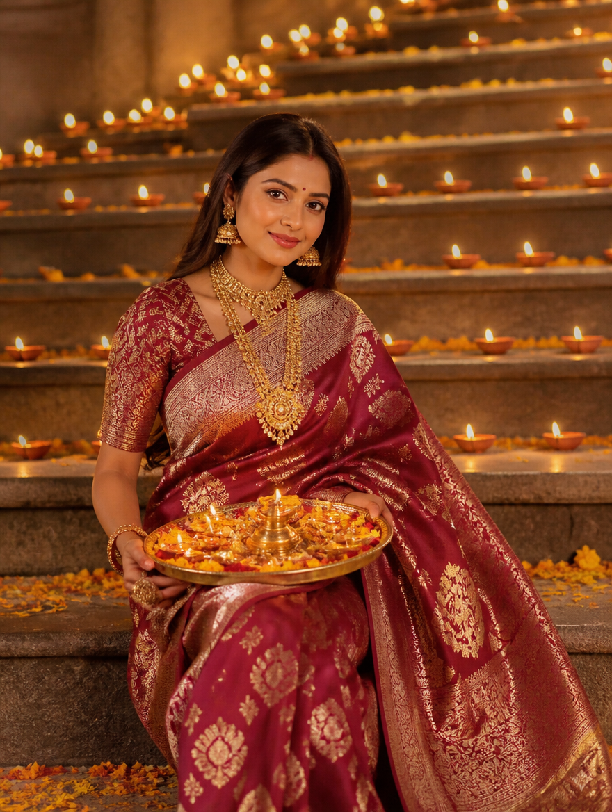 Bengali Woman Diwali Diya Steps Thali – Bengali AI photo made with Gemini and ChatGPT prompt
