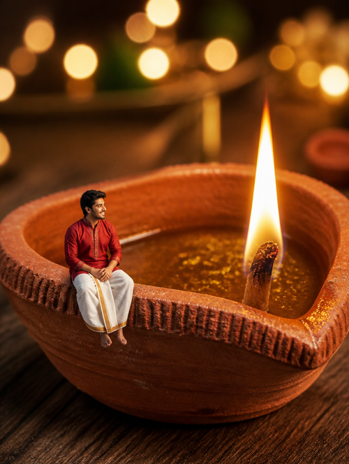 Bengali Boy Miniature Sitting on Giant Diya – Bengali AI photo made with Gemini and ChatGPT prompt