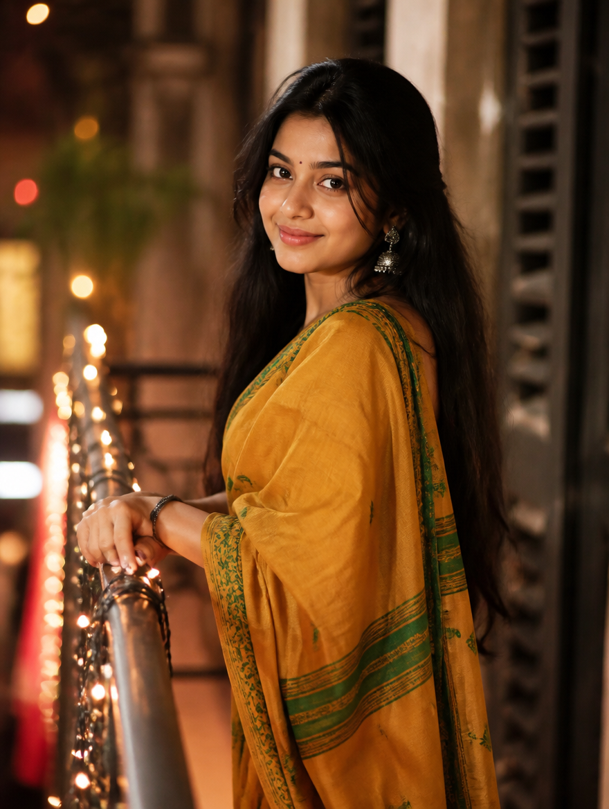 Bengali Young Girl First Saree Kolkata Balcony – Bengali AI photo made with Gemini and ChatGPT prompt