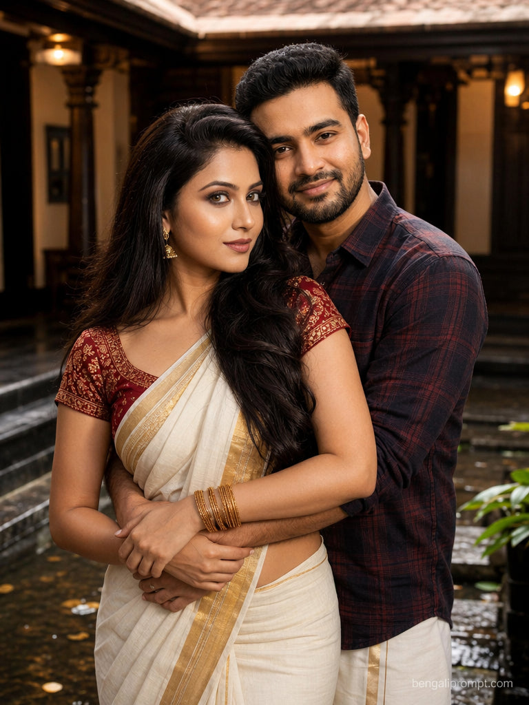 Traditional Dress Couple Prompt – young South Indian couple sharing an intimate