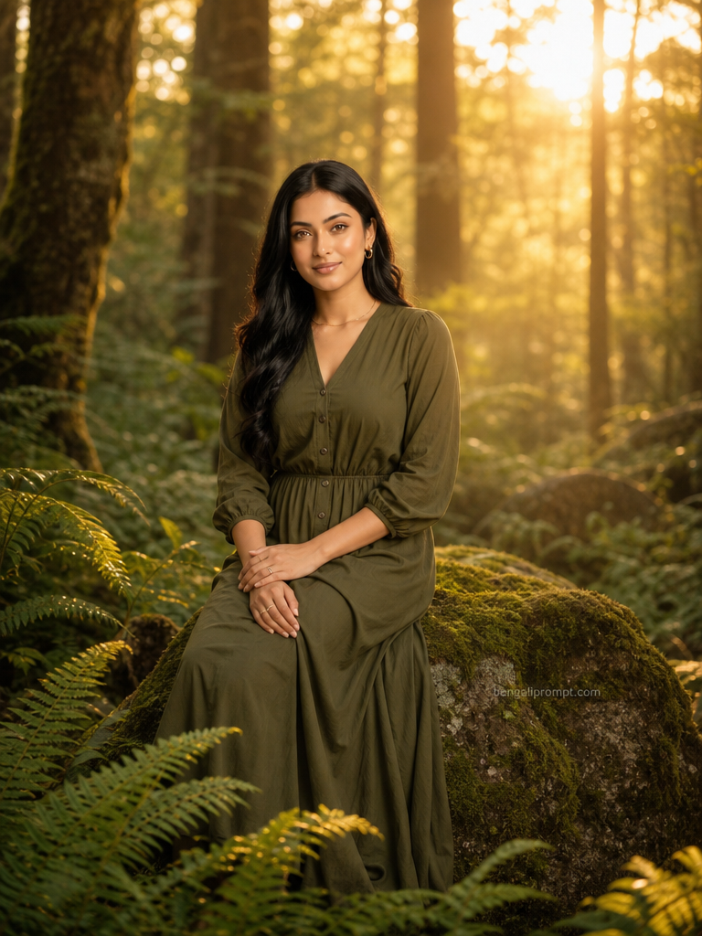 Foggy Forest Cinematic – Create a serene golden-hour forest portrait of