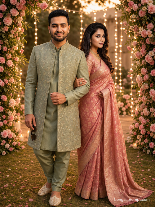 Anniversary Couple – couple standing arm in arm surrounded by