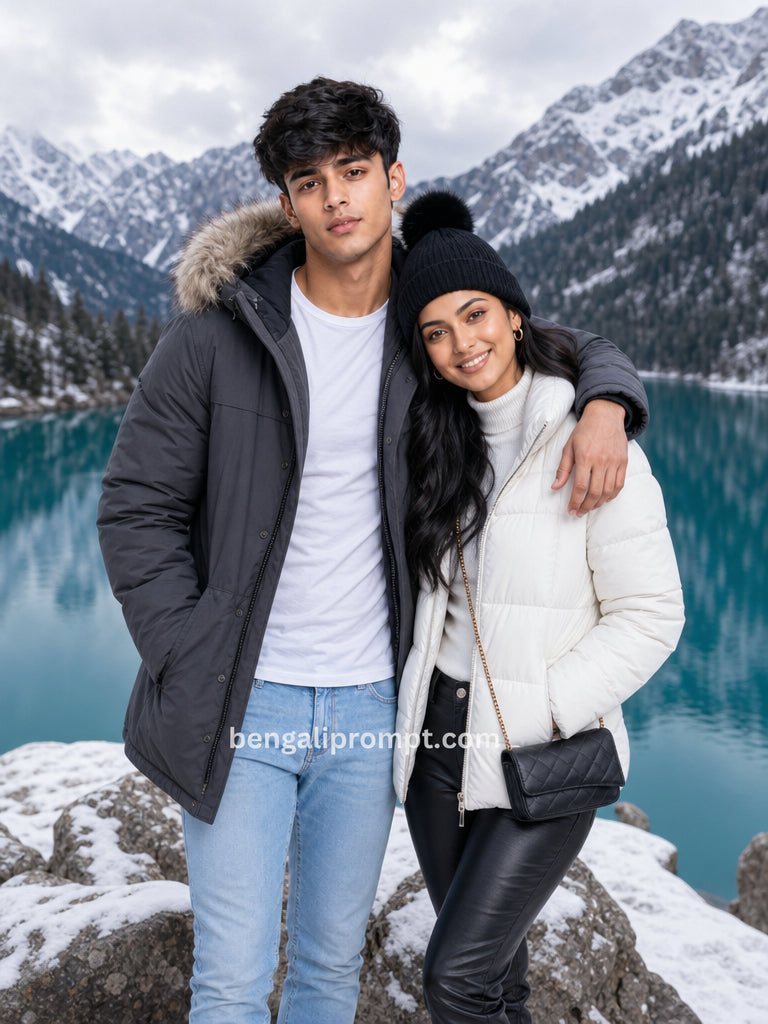 Couple Photo in Snow Mountain – young man and woman standing close together
