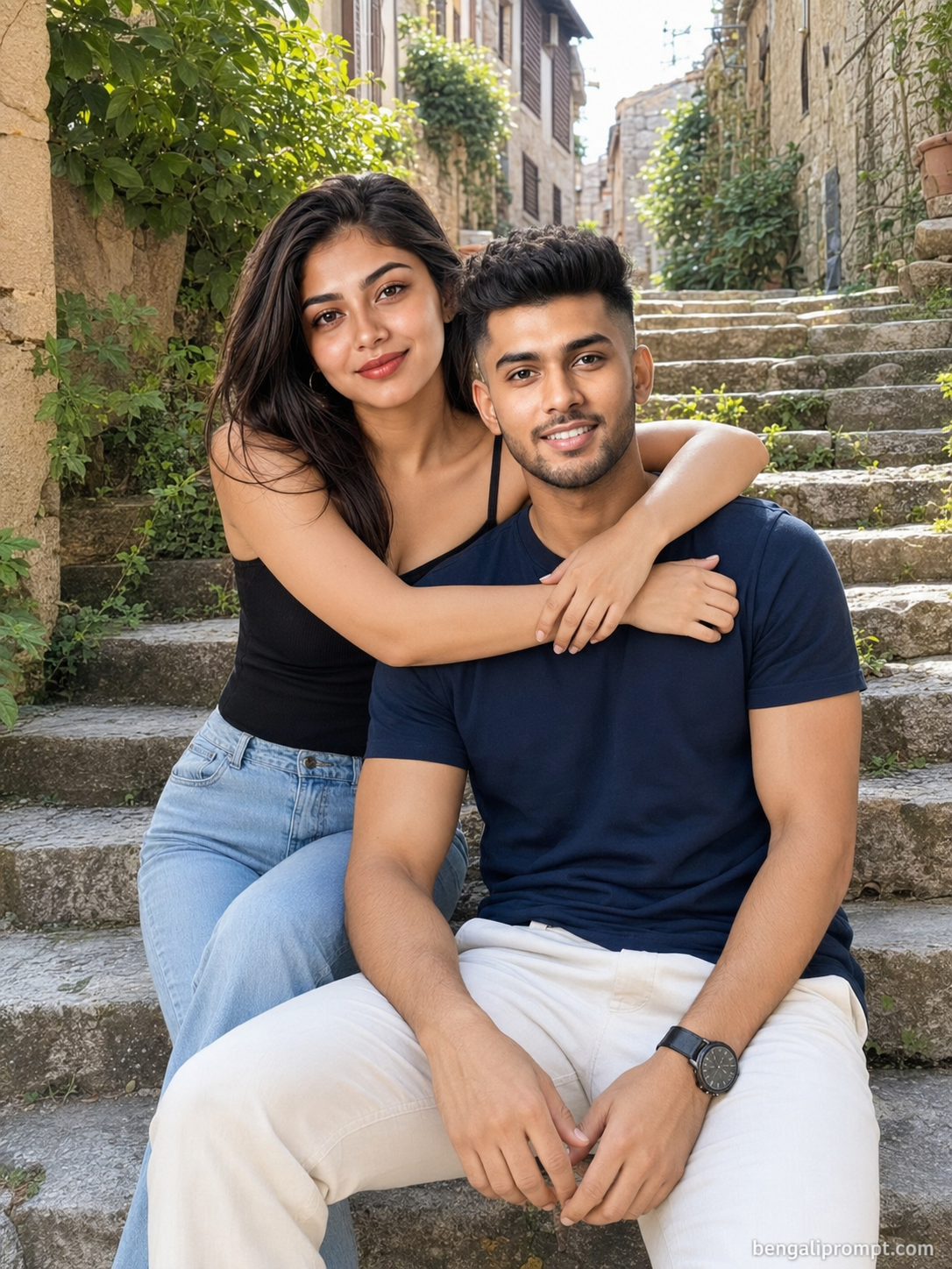 Romantic Couple Prompt – couple sitting together on old stone steps