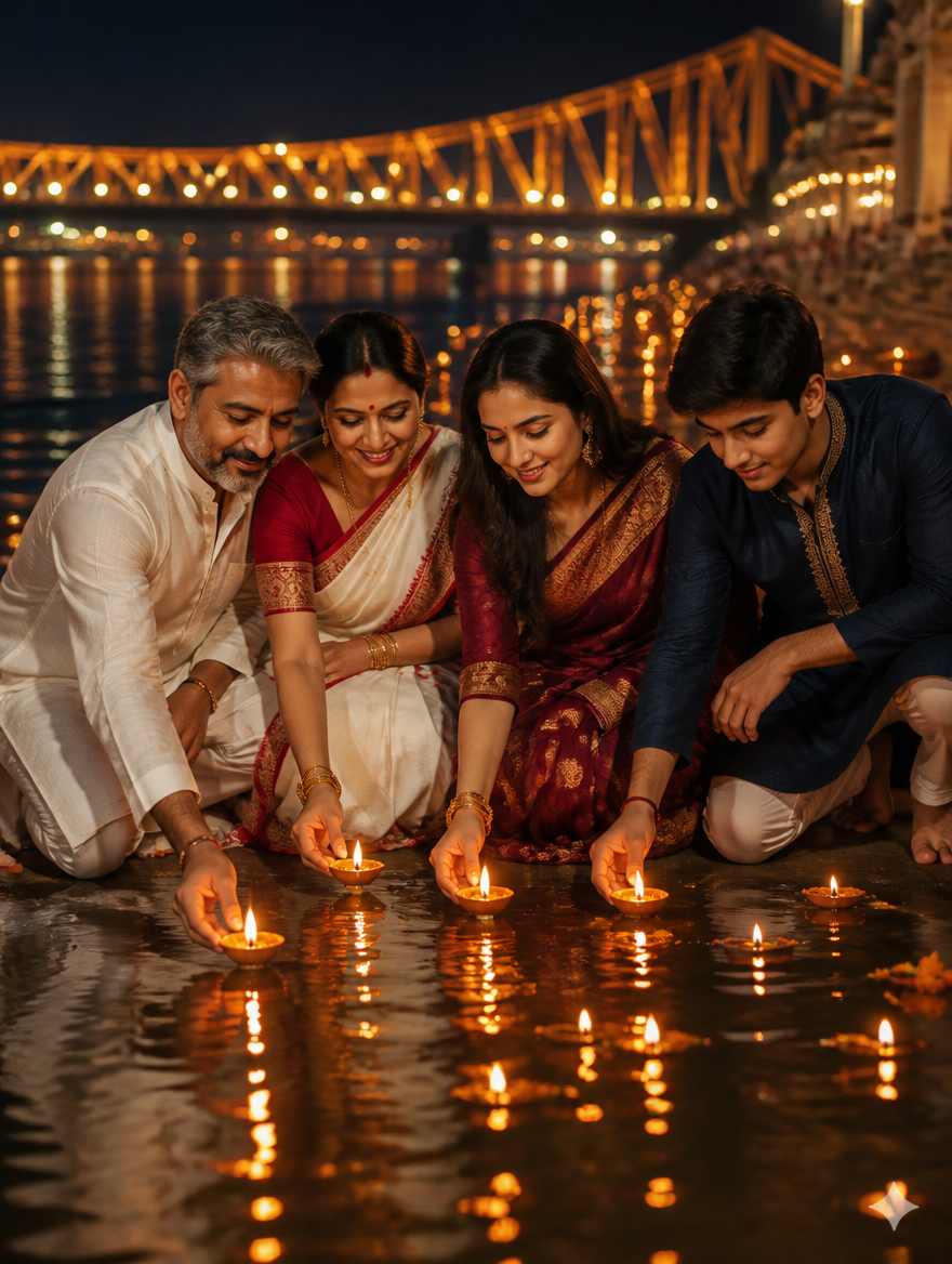 Kali Puja Family Ganga Ghat Diya – Bengali AI photo made with Gemini and ChatGPT prompt