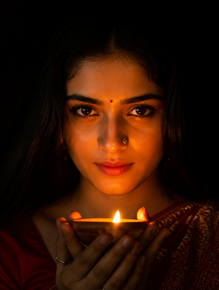 Bengali Girl Diwali Single Diya Cinematic – Bengali AI photo made with Gemini and ChatGPT prompt