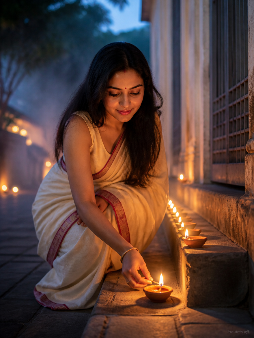 Bhoot Chaturdashi Choddo Prodip Girl – Bengali AI photo made with Gemini and ChatGPT prompt
