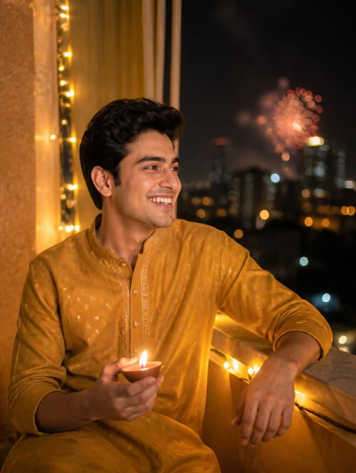 Bengali Boy Diwali Balcony Fairy Lights Diya – Bengali AI photo made with Gemini and ChatGPT prompt