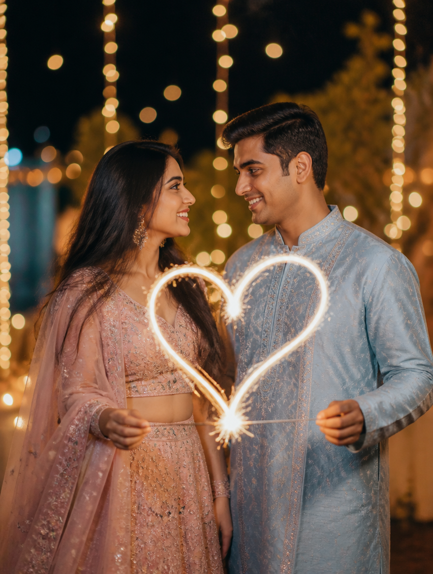 Bengali Couple Diwali Sparkler Heart – Bengali AI photo made with Gemini and ChatGPT prompt