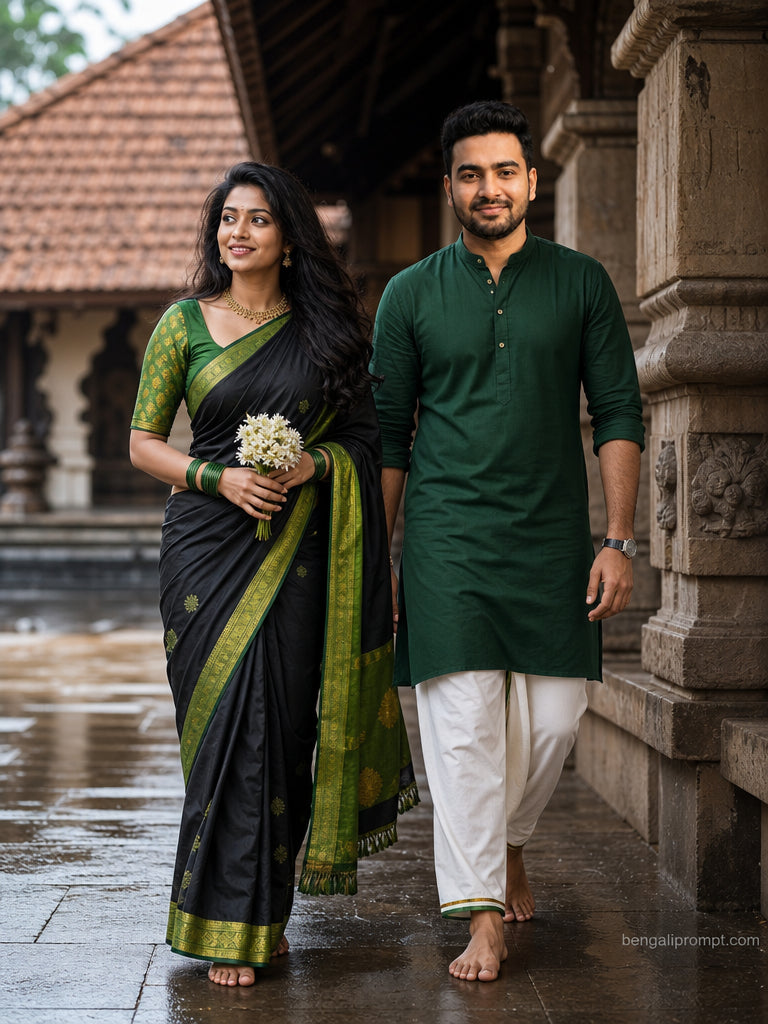 Traditional Dress Couple Prompt – young South Indian couple walking together through