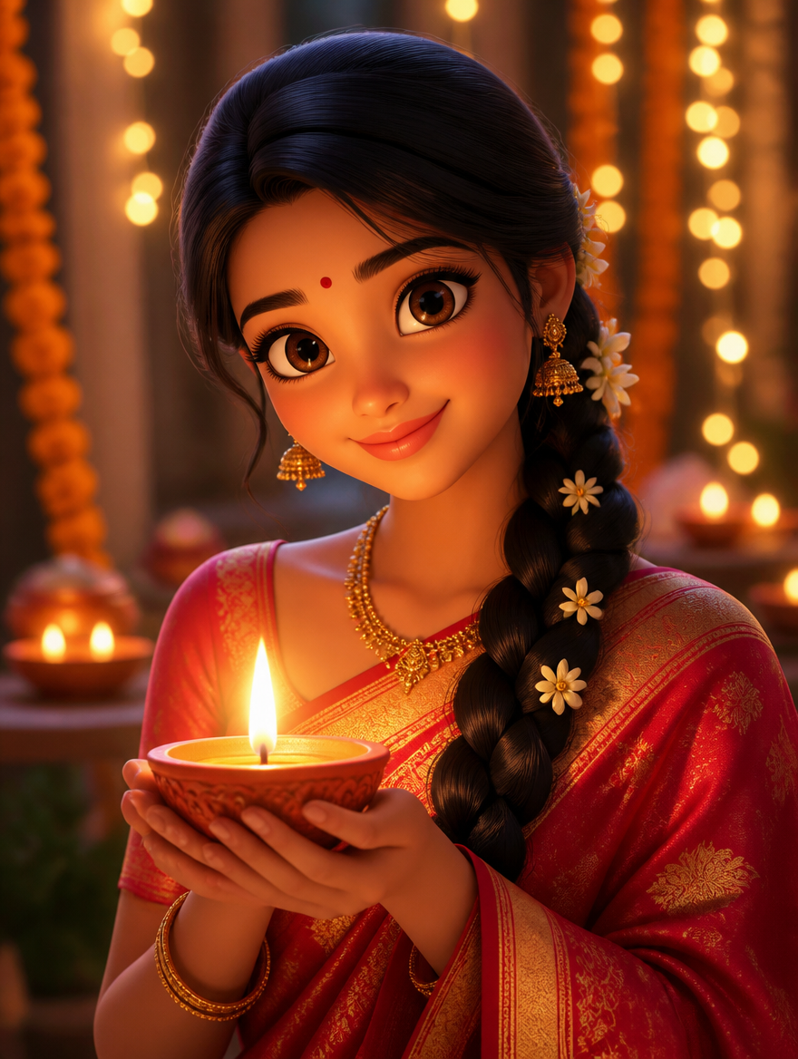 Bengali Girl Diwali 3D Animated Movie Style – Bengali AI photo made with Gemini and ChatGPT prompt