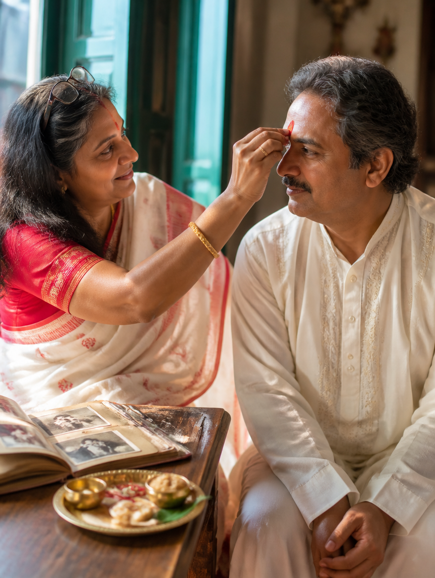 Bhai Phonta Grown-Up Siblings Nostalgic – Bengali AI photo made with Gemini and ChatGPT prompt