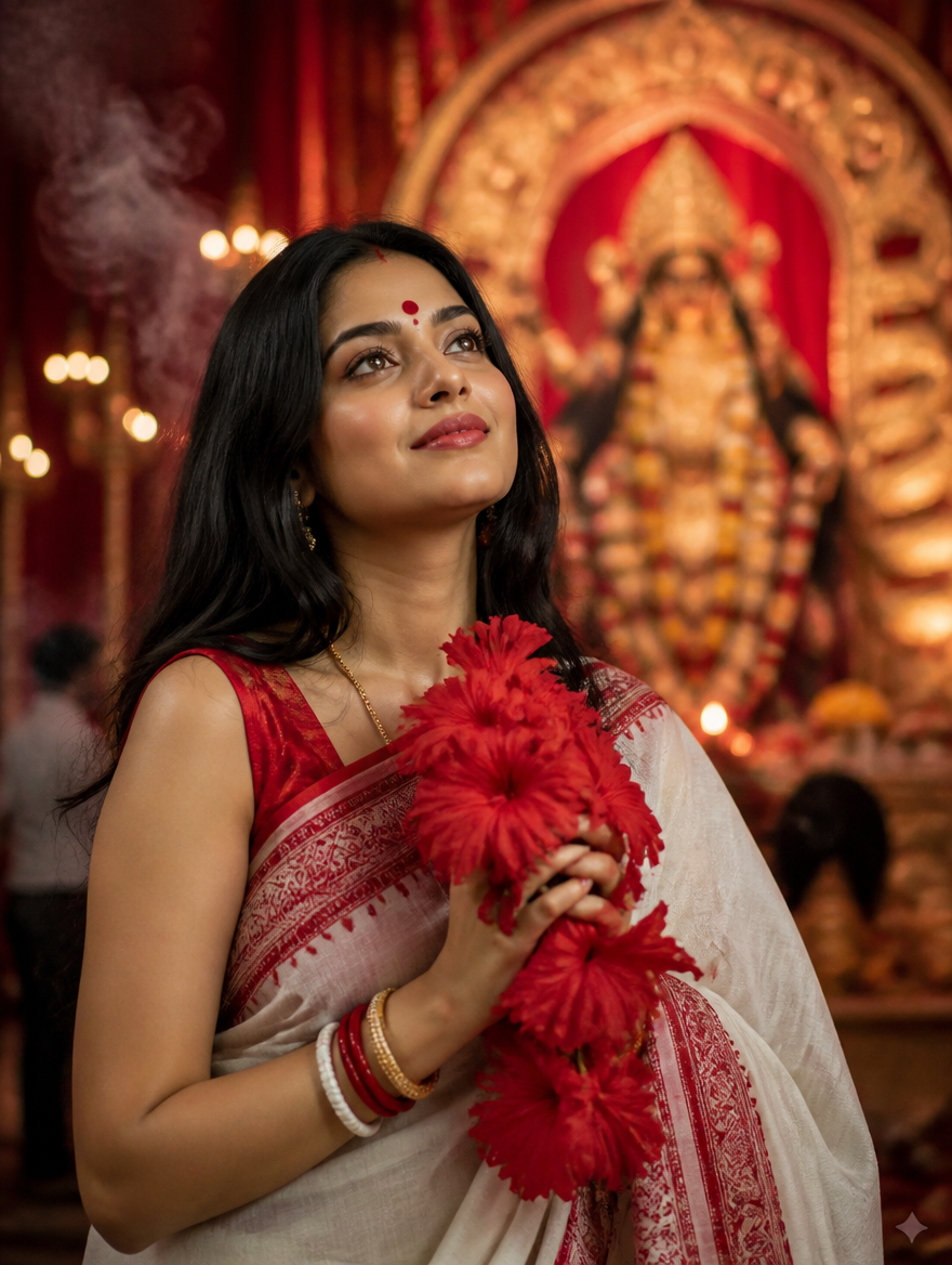 Kali Puja Joba Mala Girl Pandal – Bengali AI photo made with Gemini and ChatGPT prompt