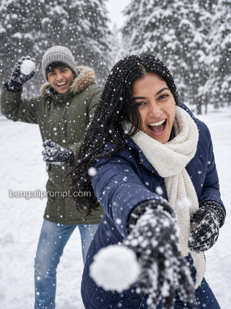 Couple Photo in Snow Mountain – young couple laughing and playing a snowball