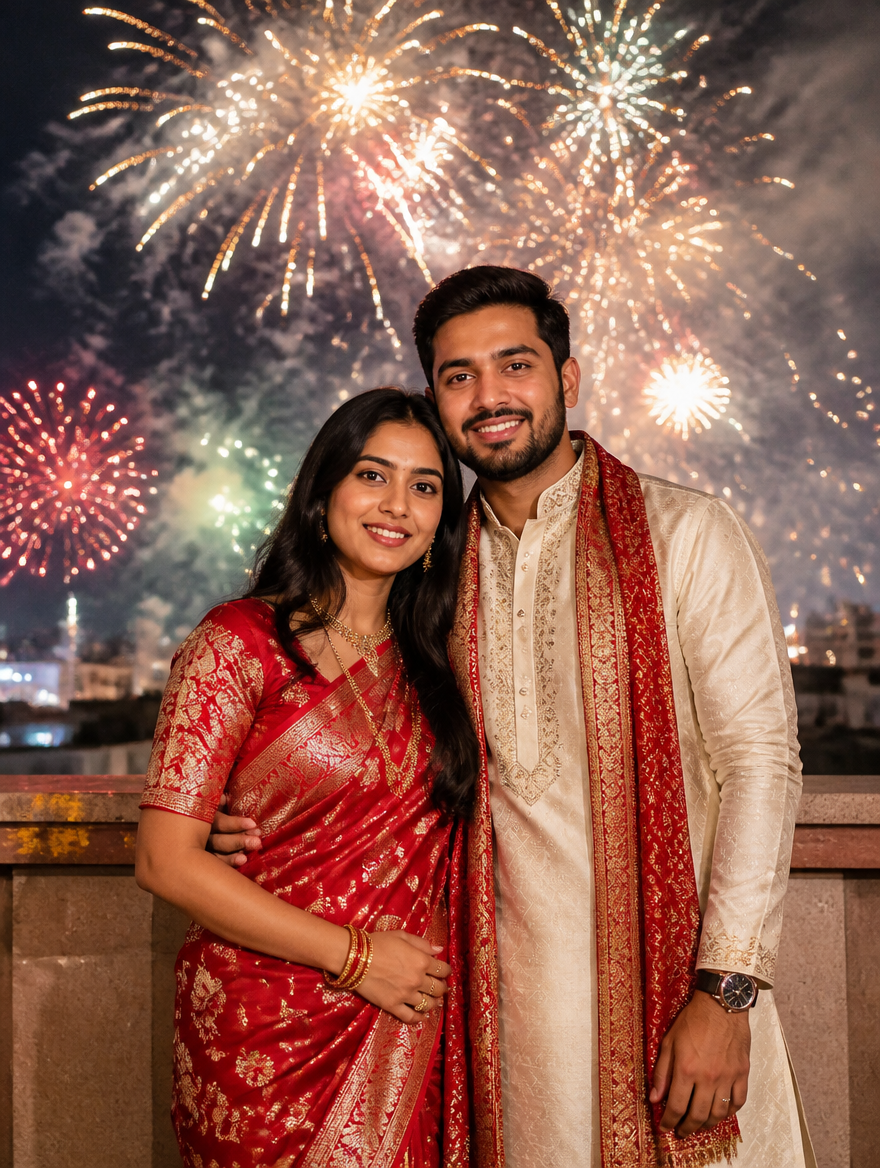 Bengali Couple Diwali Rooftop Fireworks Matching Look – Bengali AI photo made with Gemini and ChatGPT prompt
