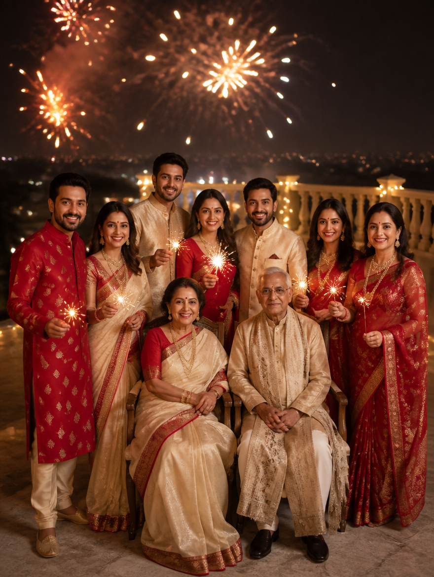 Bengali Joint Family Diwali Rooftop Fireworks – Bengali AI photo made with Gemini and ChatGPT prompt