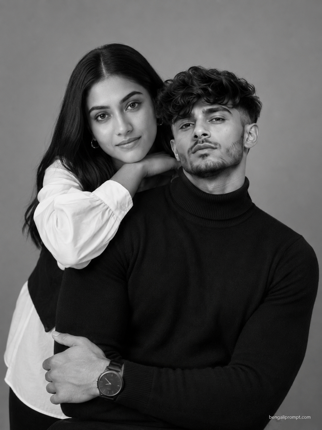 Black & White Couple Prompt – woman resting her chin gently on the
