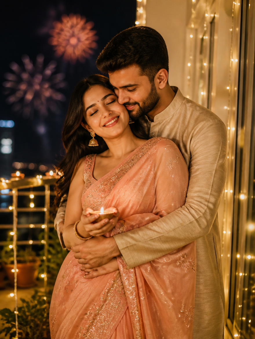Bengali Couple Diwali Balcony Back Hug – Bengali AI photo made with Gemini and ChatGPT prompt