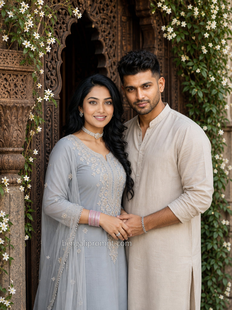 Elegant Minimal Couple Prompt – romantic South Asian couple standing together in