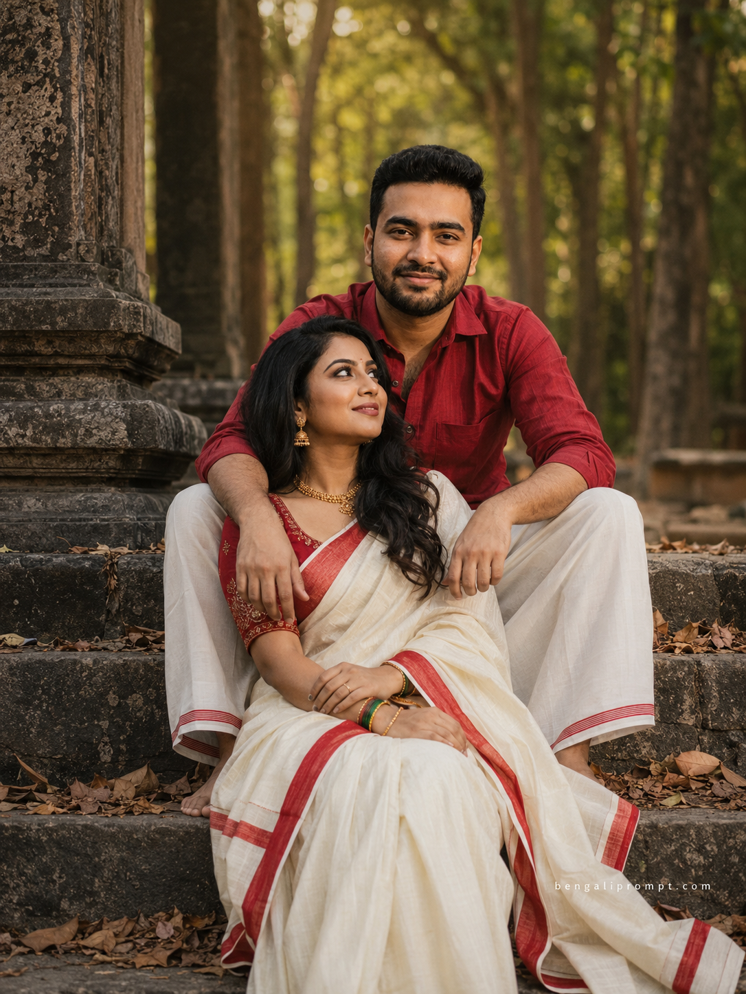 Traditional Dress Couple Prompt – young South Indian couple sitting together on