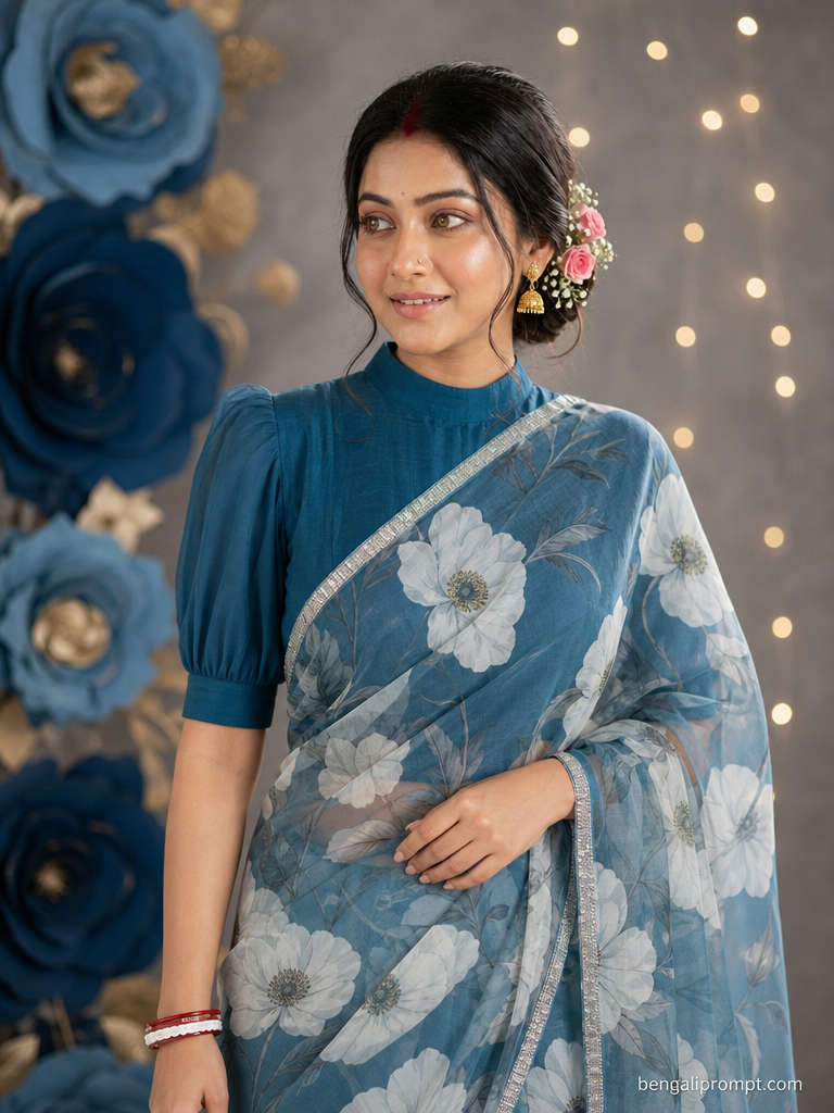 Saree look for women – beautiful woman with dark brown hair styled