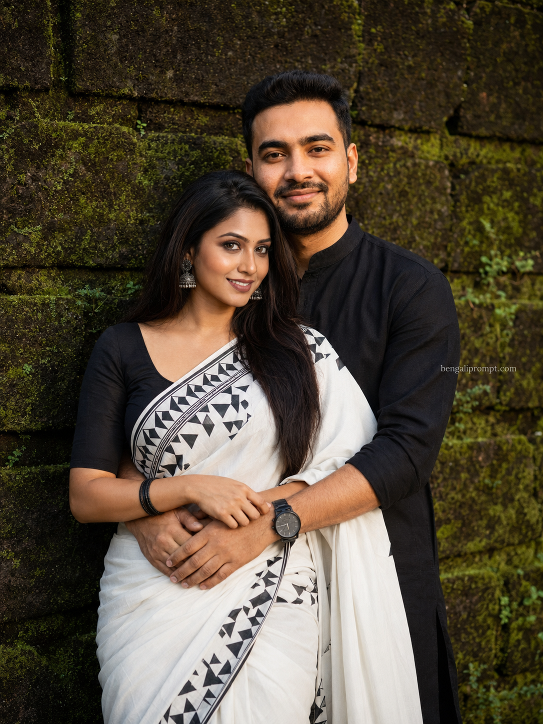 Traditional Dress Couple Prompt – young South Indian couple standing together against
