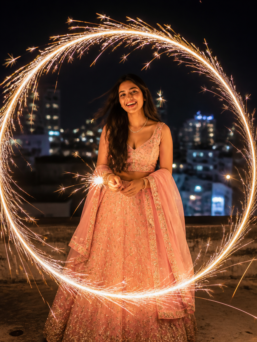 Bengali Girl Diwali Sparkler Circle Rooftop – Bengali AI photo made with Gemini and ChatGPT prompt
