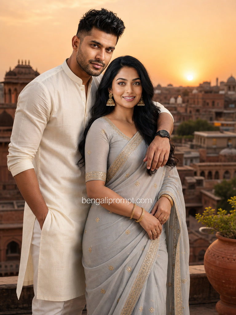 Elegant Minimal Couple Prompt – glamorous South Asian couple standing together on