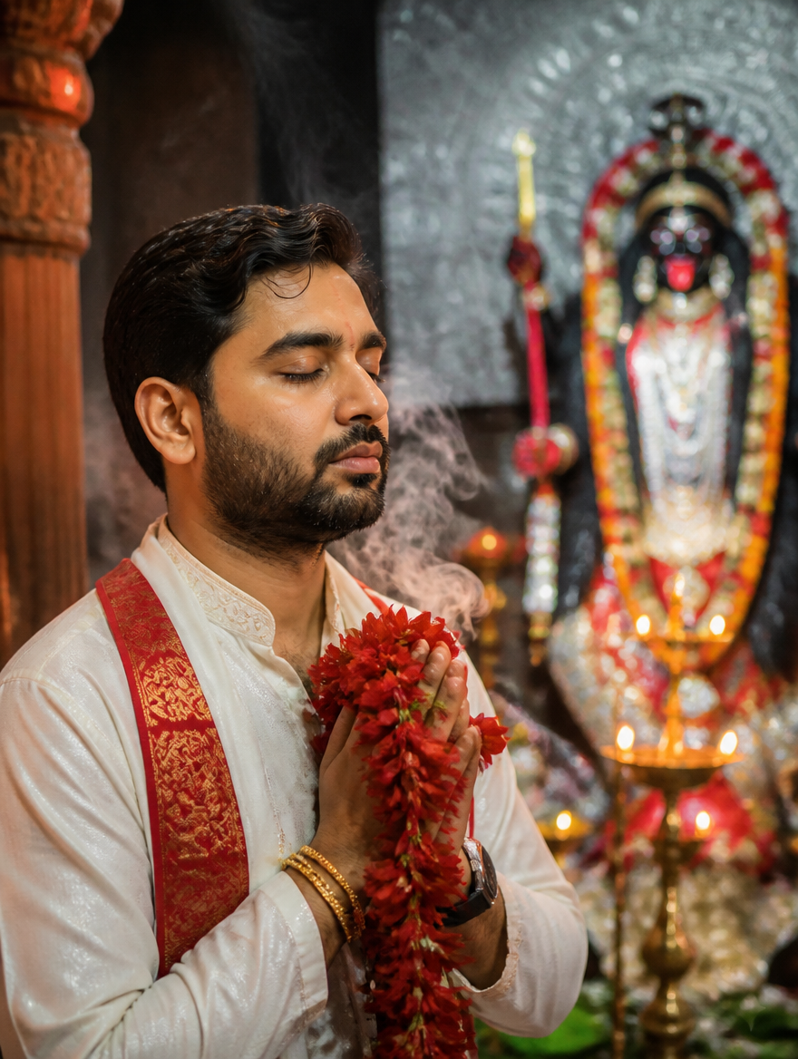 Kali Puja Joba Flower Offering Man – Bengali AI photo made with Gemini and ChatGPT prompt