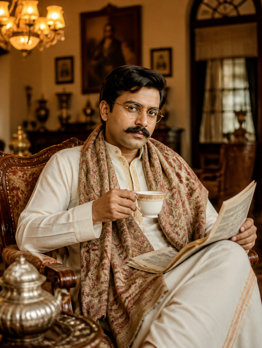 Bengali Babu Dhoti Shawl Zamindar House – Bengali AI photo made with Gemini and ChatGPT prompt