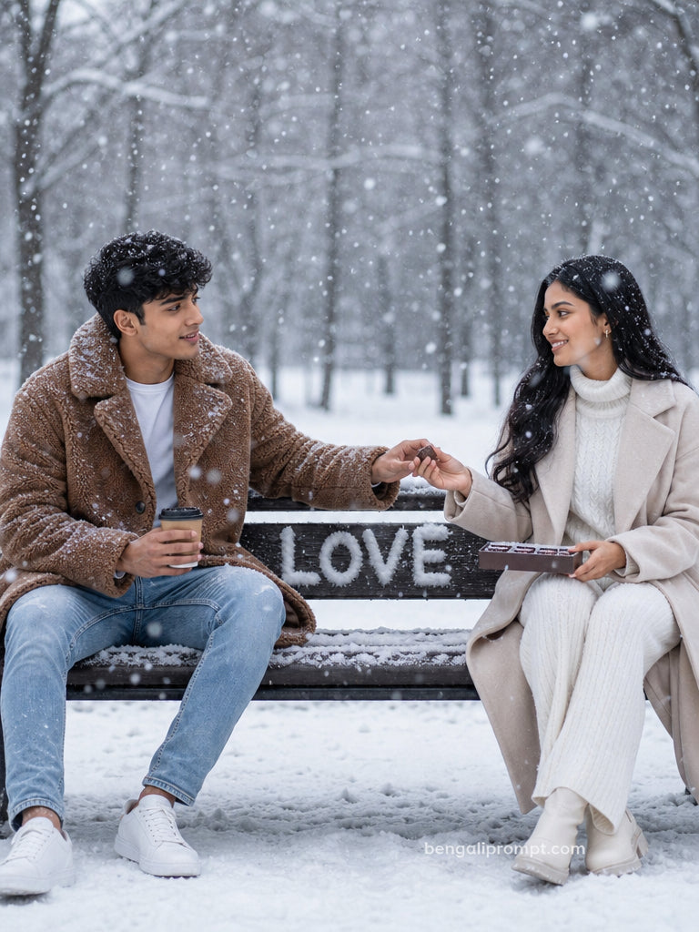 Couple Photo in Snow Mountain – young couple sitting on opposite ends of